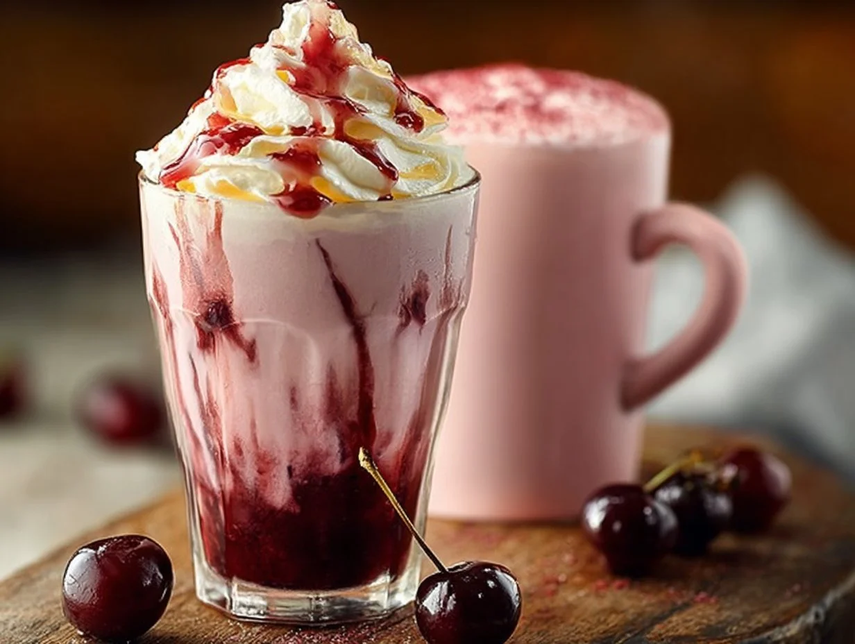 Delicious Cherry Vanilla Tea Latte garnished with cherry and cream.
