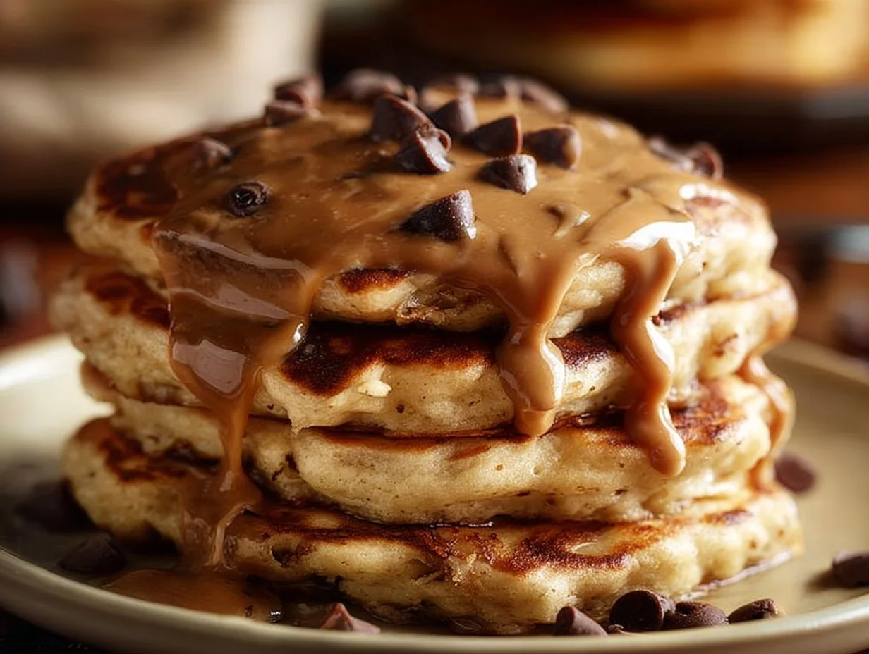 Chocolate chip coffee pancakes stacked on a plate with syrup pouring over them.