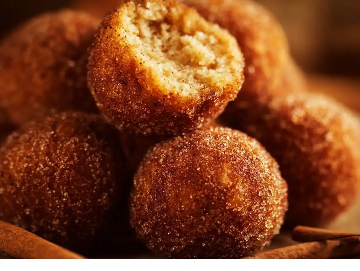 Delicious cinnamon sugar donut holes, freshly baked and coated in sugar