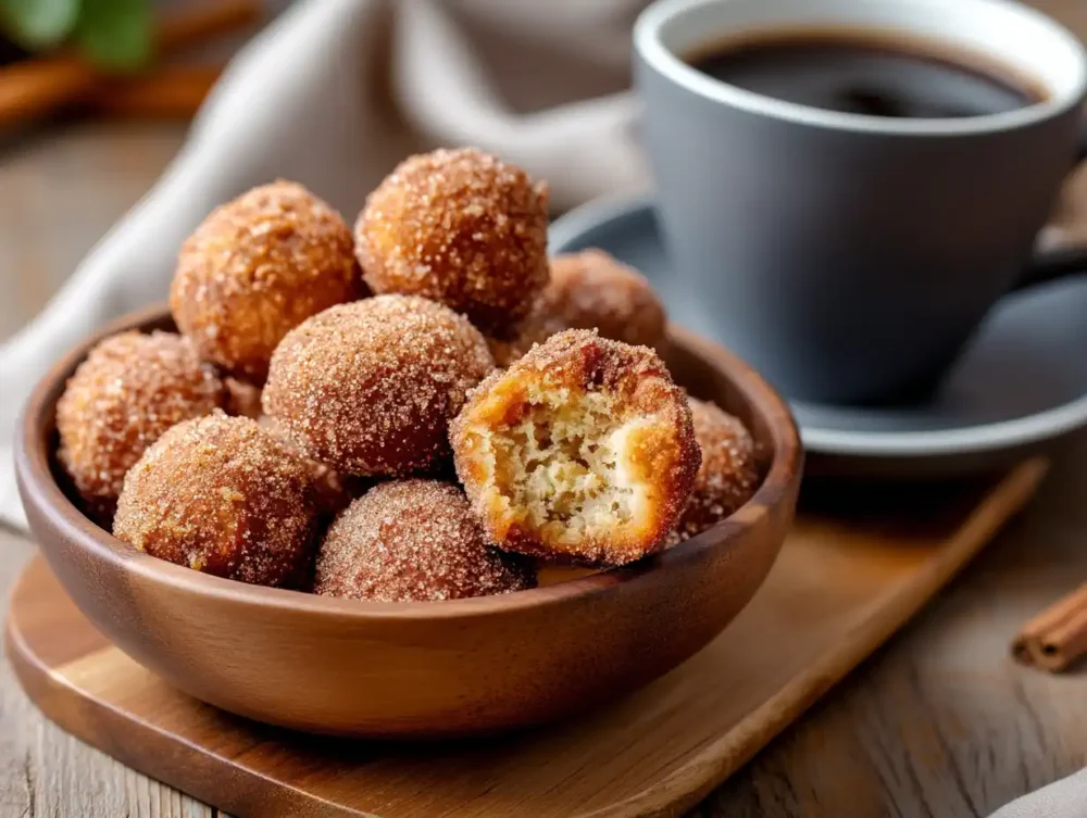 Fluffy Cinnamon Sugar Donut Holes covered in a sugary glaze. Perfect comfort treat for dessert lovers.