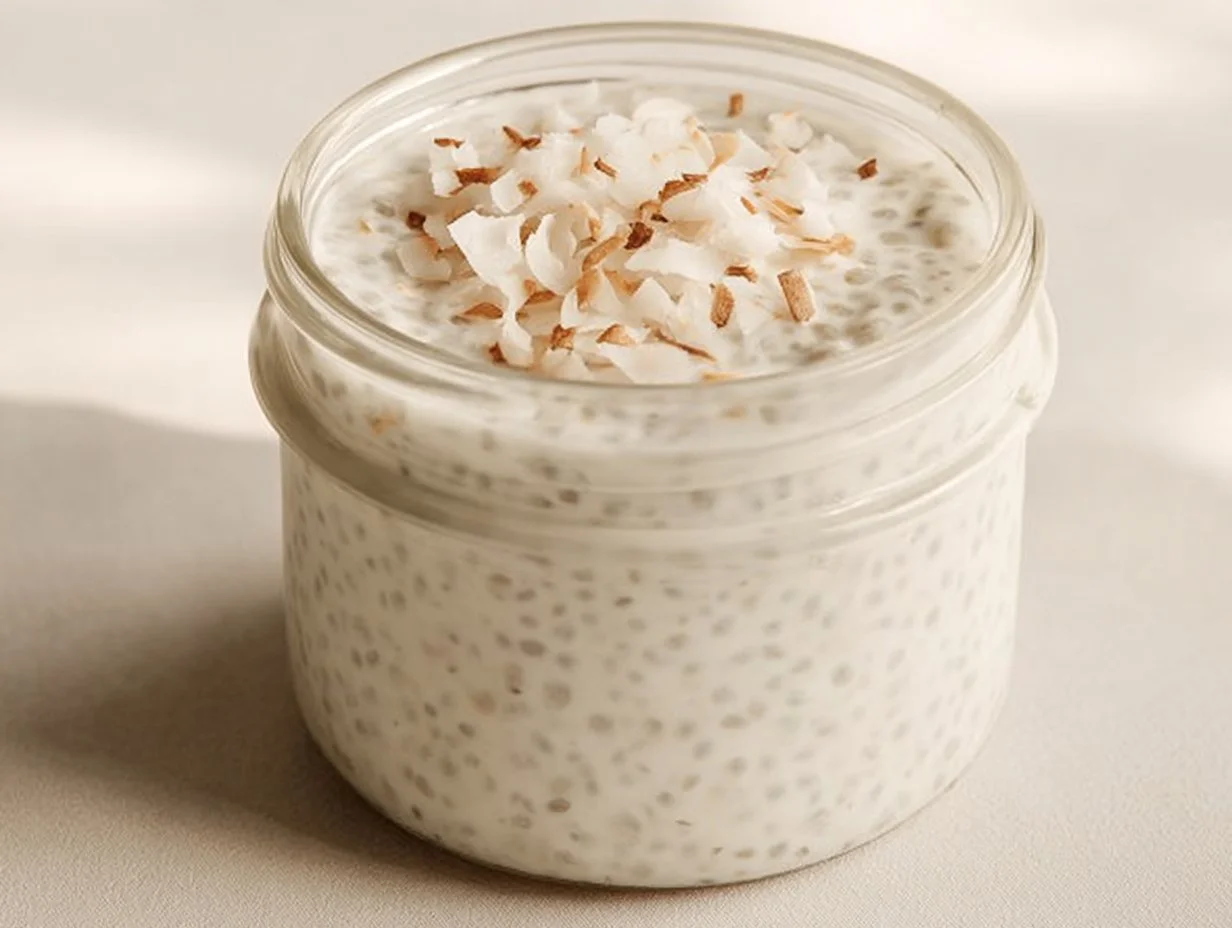 Creamy coconut chia pudding in a bowl topped with fresh fruit