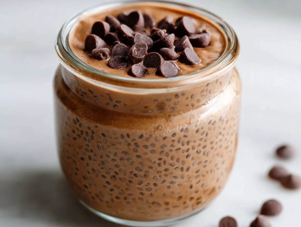 Creamy coffee chia pudding topped with berries and a sprinkle of nuts.