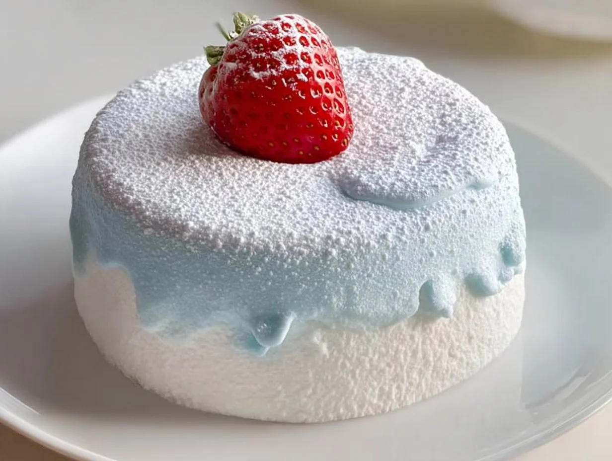 First Snow Lava Angel Cake with snowy icing and luscious lava center