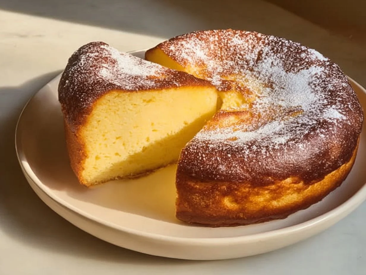 Slice of Greek yogurt cake topped with fresh fruit and icing on a plate