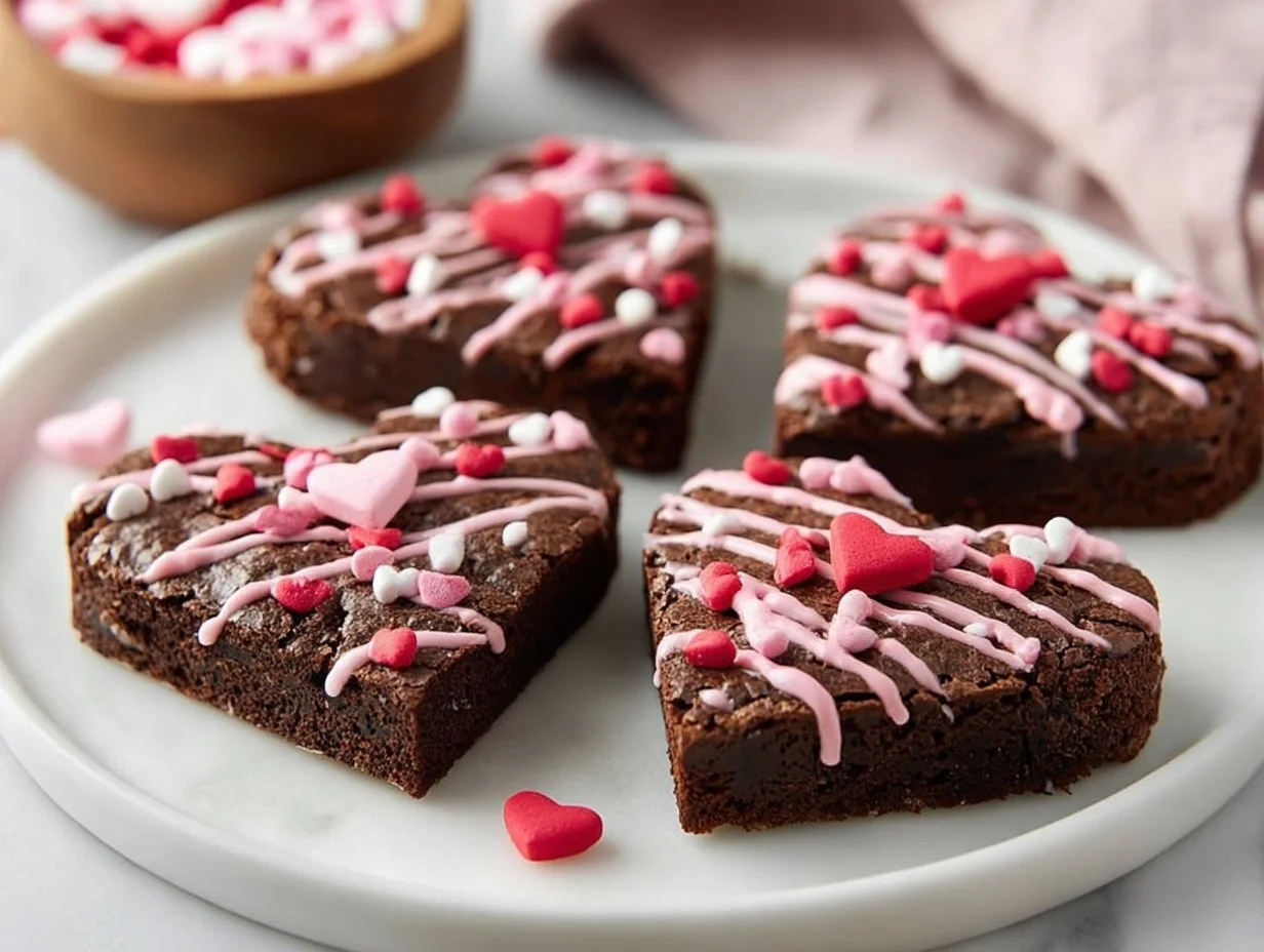 Delicious heart-shaped brownies decorated for a romantic occasion