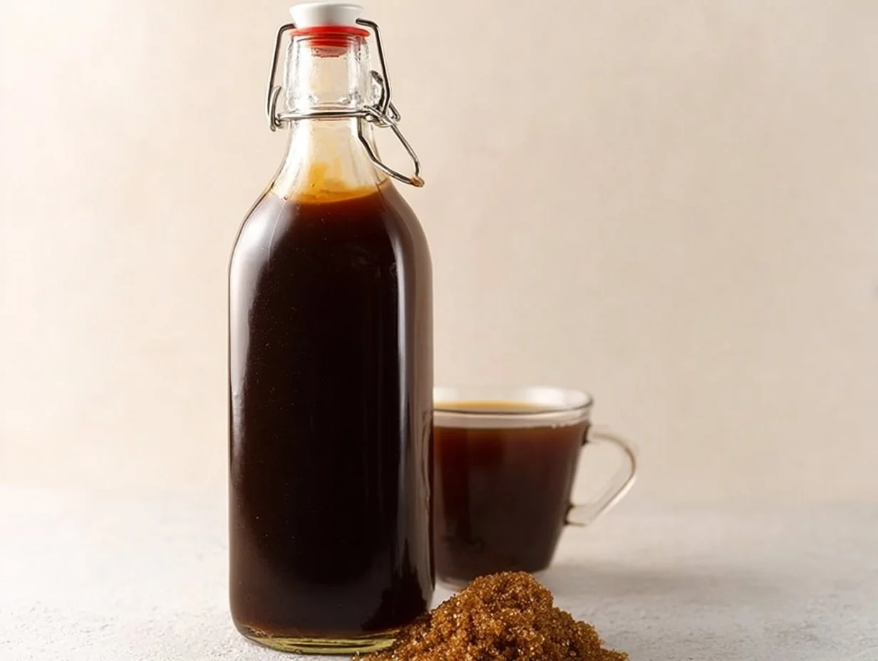 A jar of homemade brown sugar syrup with a spoon.