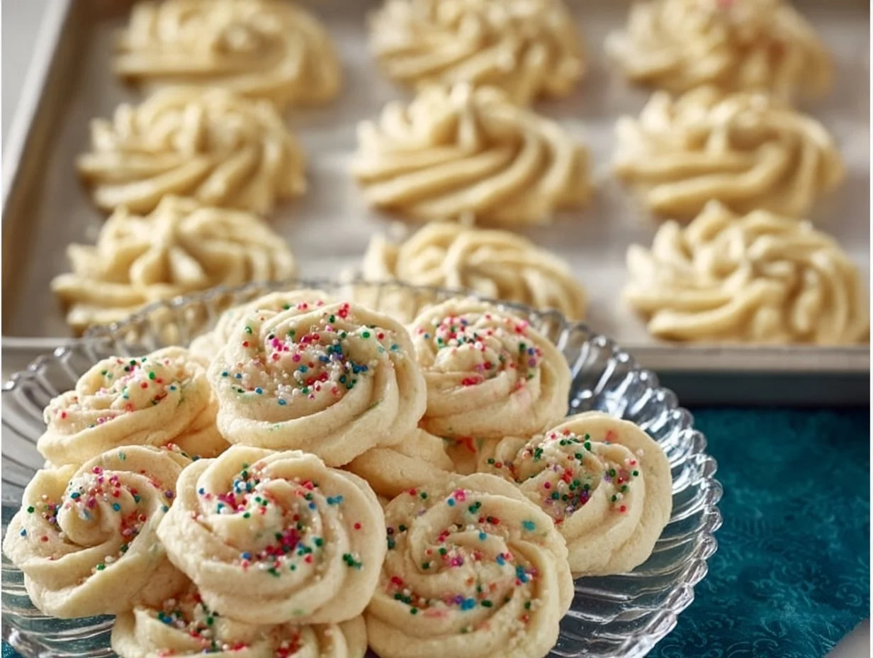 Homemade Christmas butter cookies decorated with festive sprinkles