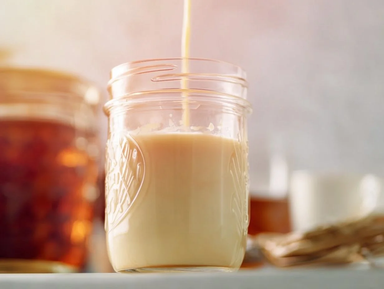 Homemade vanilla sweet cream coffee creamer in a glass jar