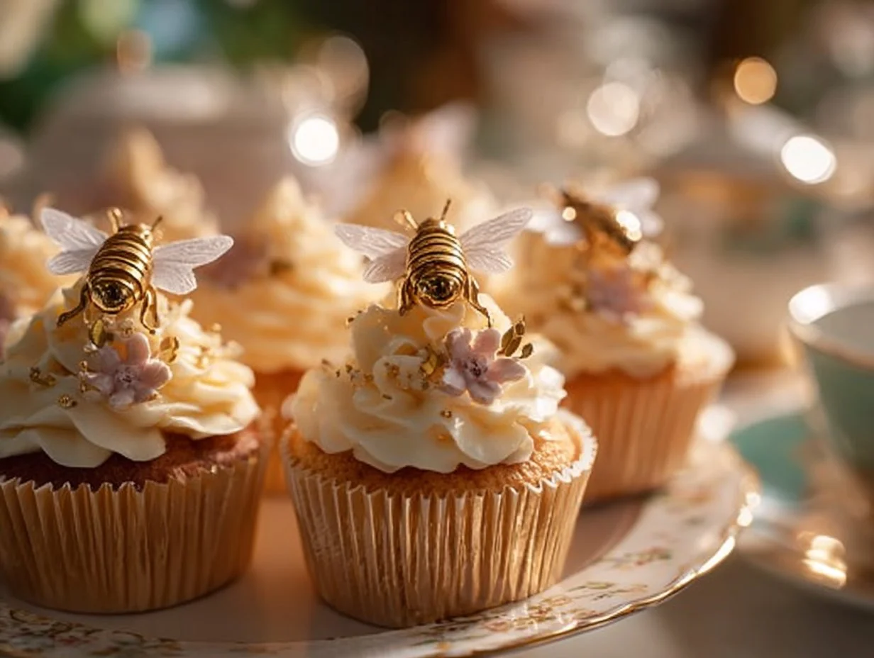 Delicious Honey Bee Cupcakes decorated with bees and flowers