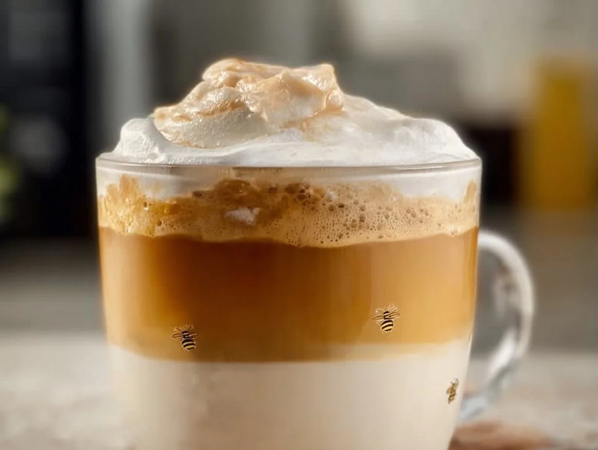 Delicious Honey Bun Latte with cinnamon and creamy froth in a cozy coffee shop setting.