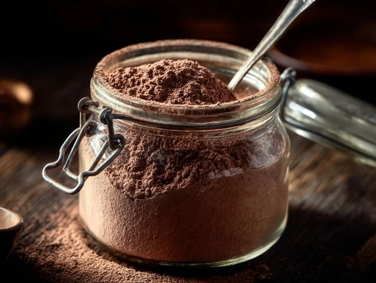 Delicious hot cocoa mix in a mug topped with whipped cream and cocoa powder