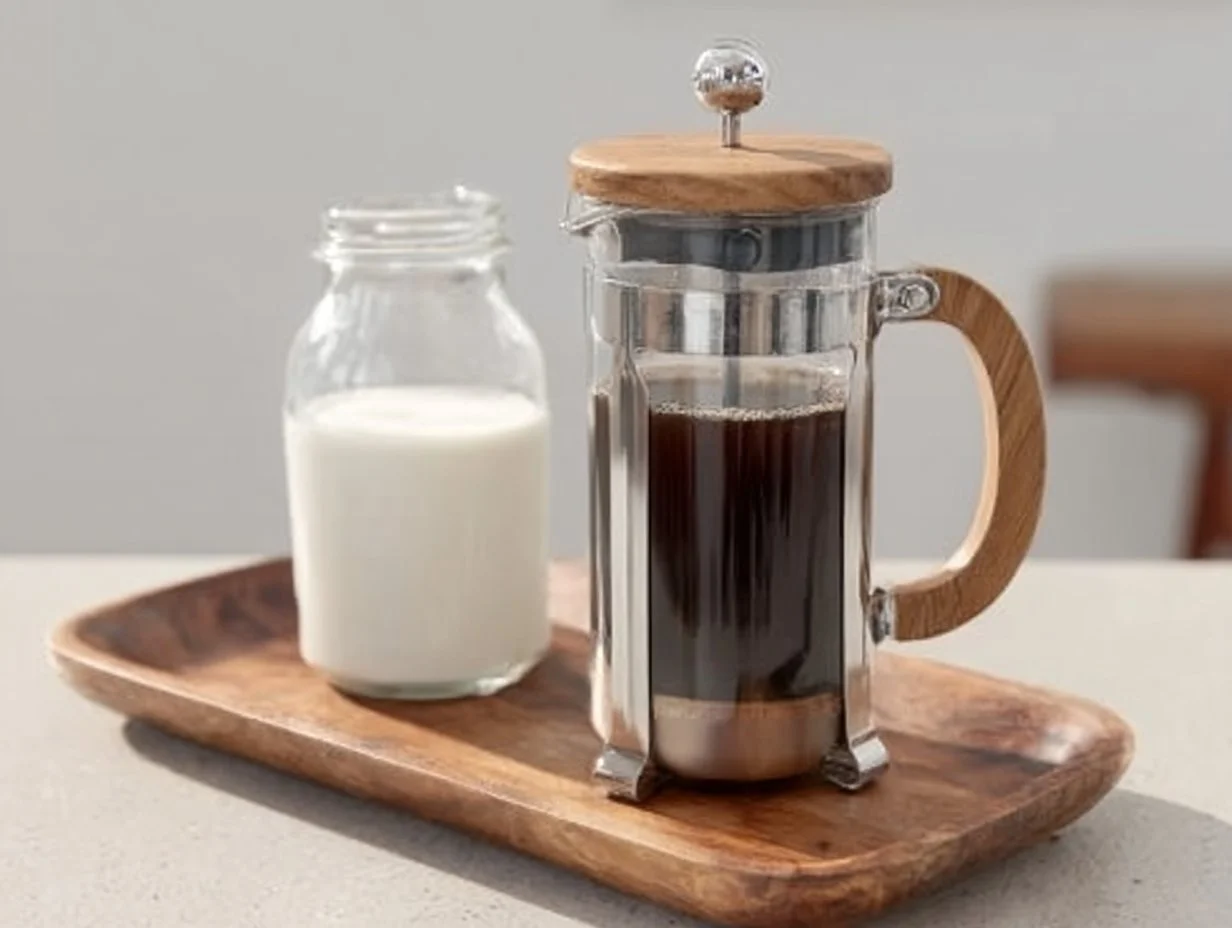 Freshly brewed French press coffee in a glass cup with coffee beans