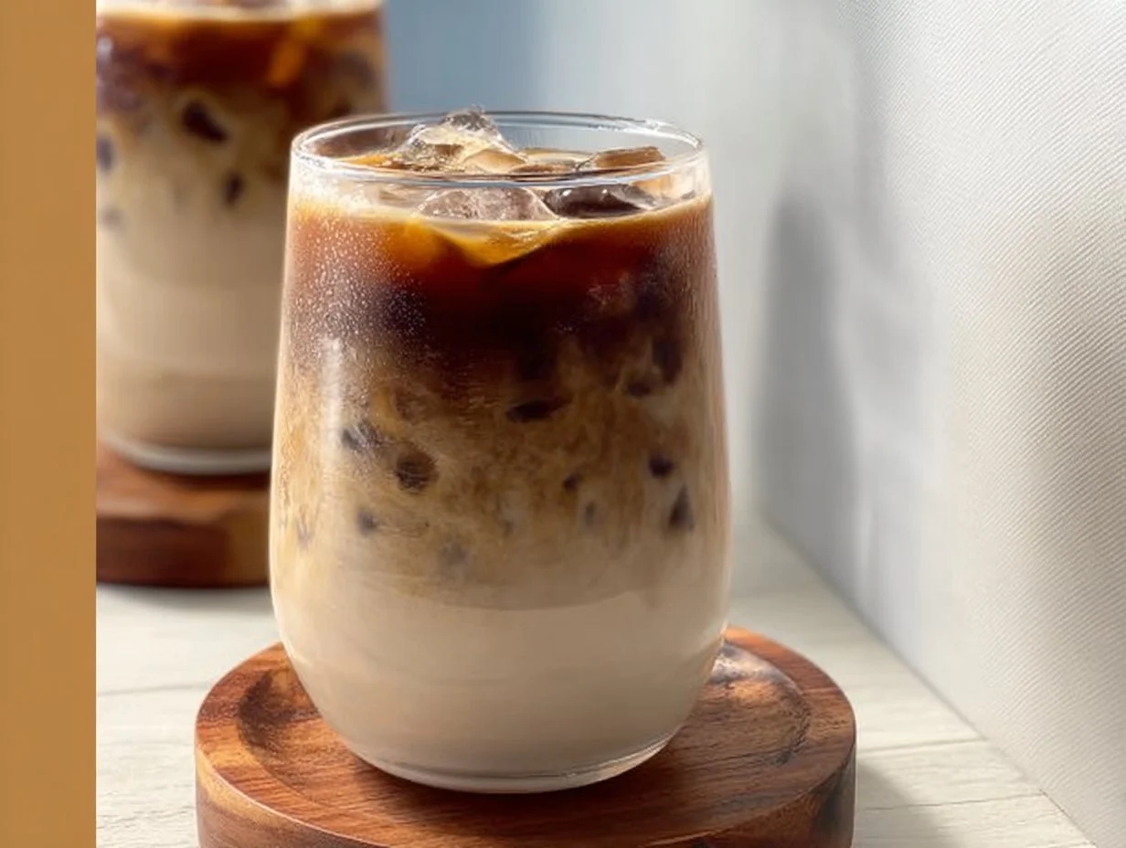 Iced Brown Sugar Latte served in a glass with iced coffee and brown sugar