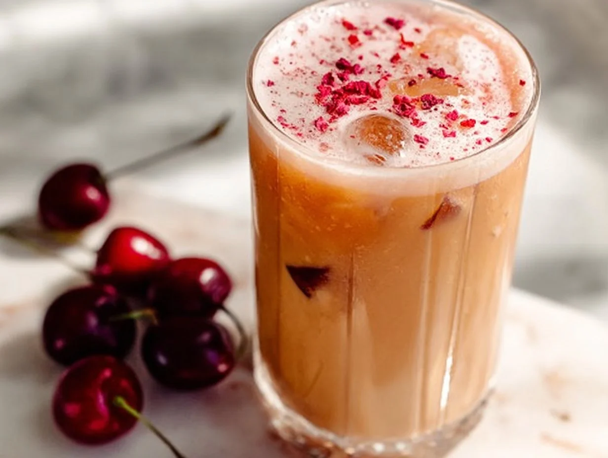 A tall glass of iced cherry chai topped with cherries and spices