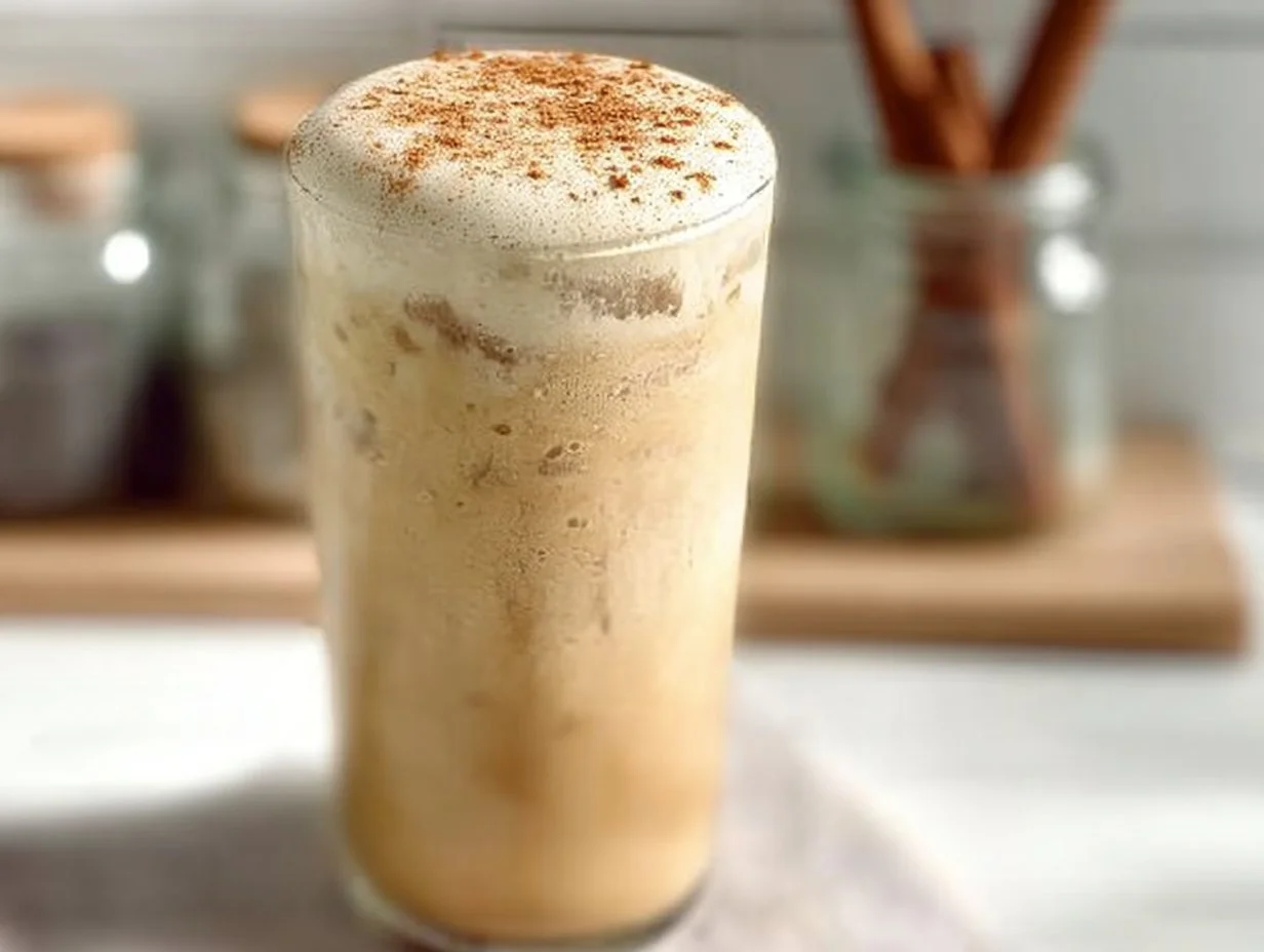 Iced French Toast Latte in a glass with whipped cream and cinnamon