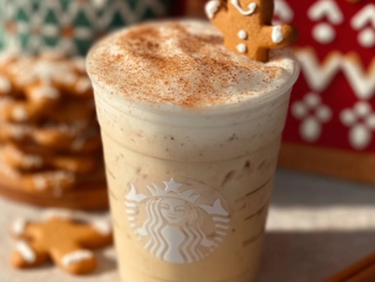 Iced Gingerbread Chai Tea Latte in a festive glass with gingerbread cookies.