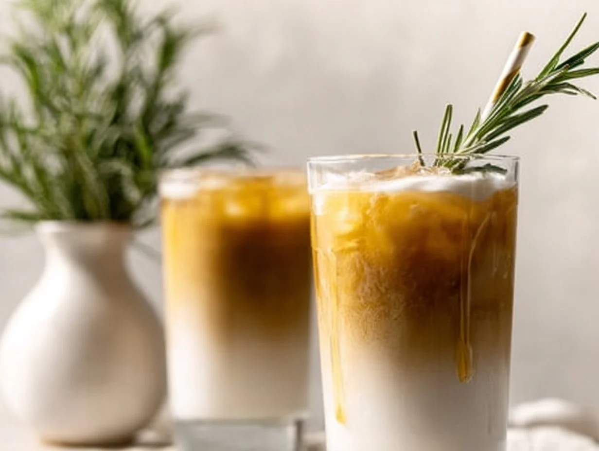 Iced Vanilla Rosemary Latte with fresh ingredients and aromatic herbs