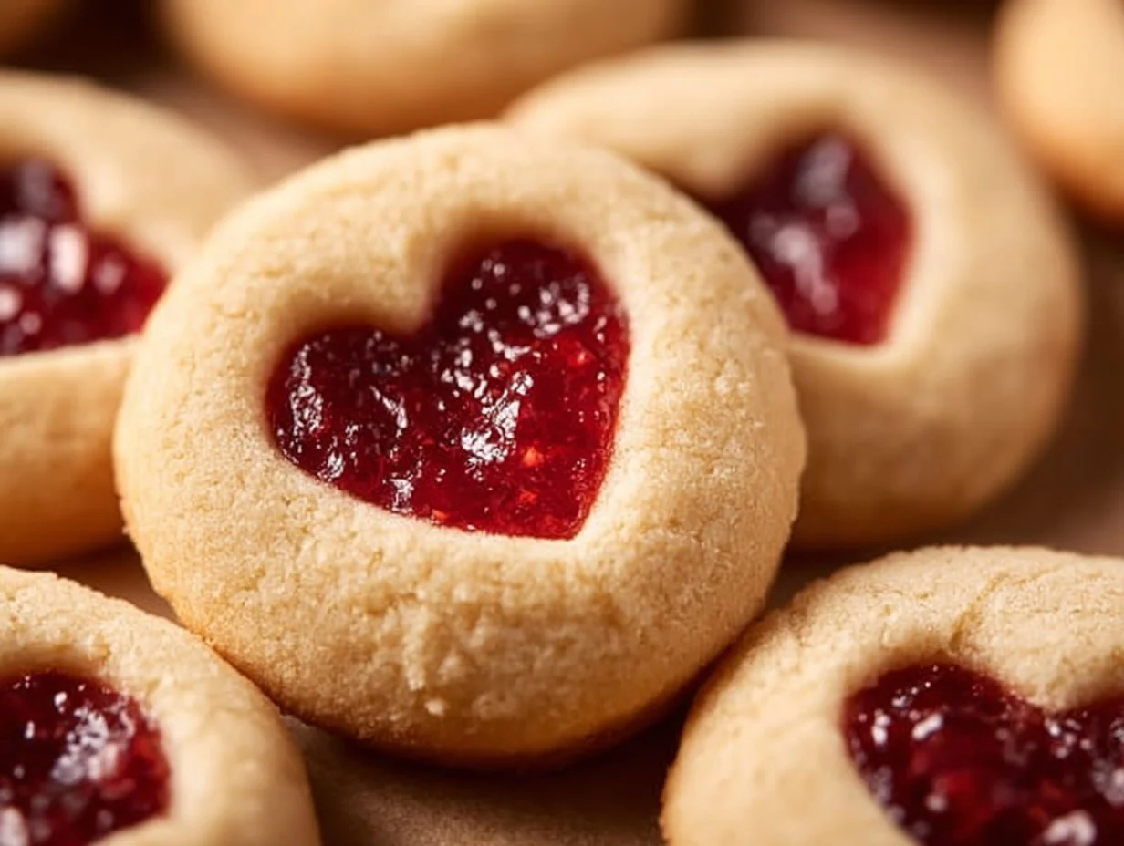 Delicious jam heart cookies decorated with fruit preserves.