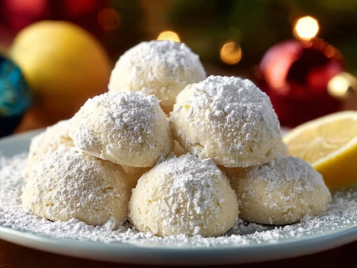 Lemon Cream Snowball Cookies dusted with powdered sugar on a plate