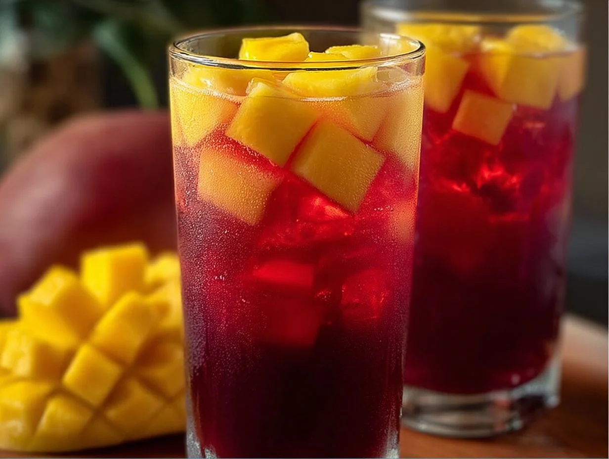 Glass of Mango Hibiscus Iced Tea with tropical fruits