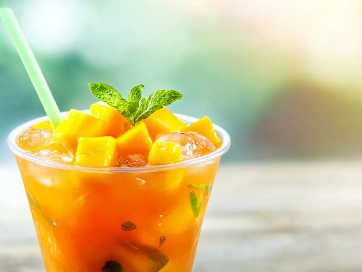 Chilled glass of Mango Iced Tea garnished with fresh mango slices