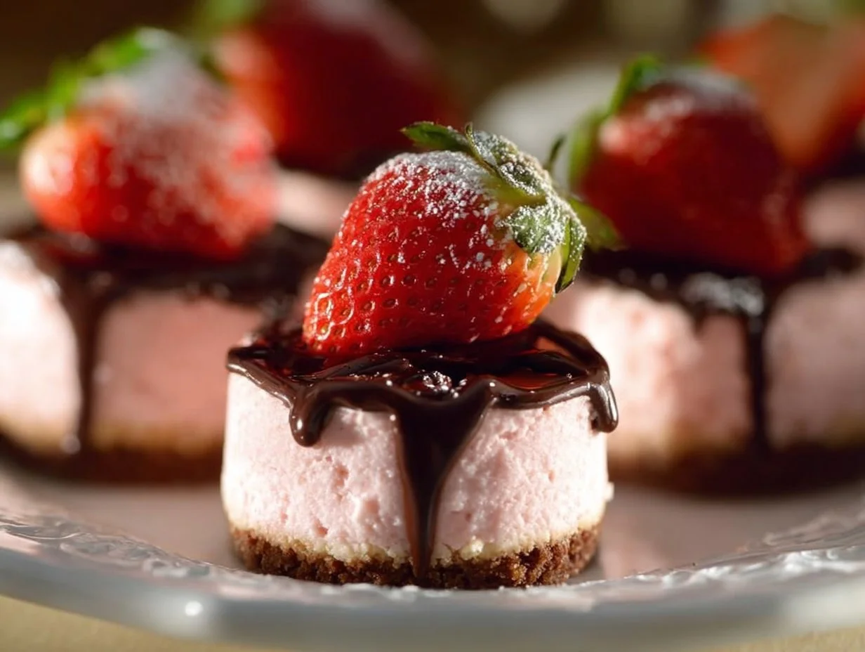 Mini chocolate strawberry cheesecakes topped with fresh strawberries