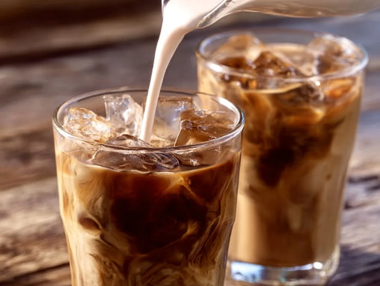 Refreshing mocha iced coffee served in a glass with chocolate drizzle