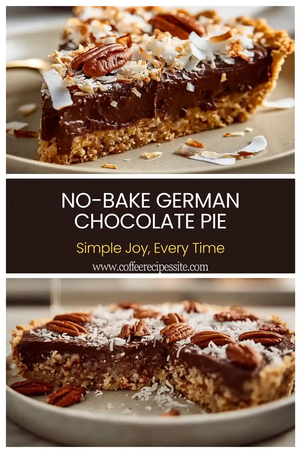 A delicious slice of No-Bake German Chocolate Pie ready to be enjoyed, showcasing its creamy chocolate layers.
