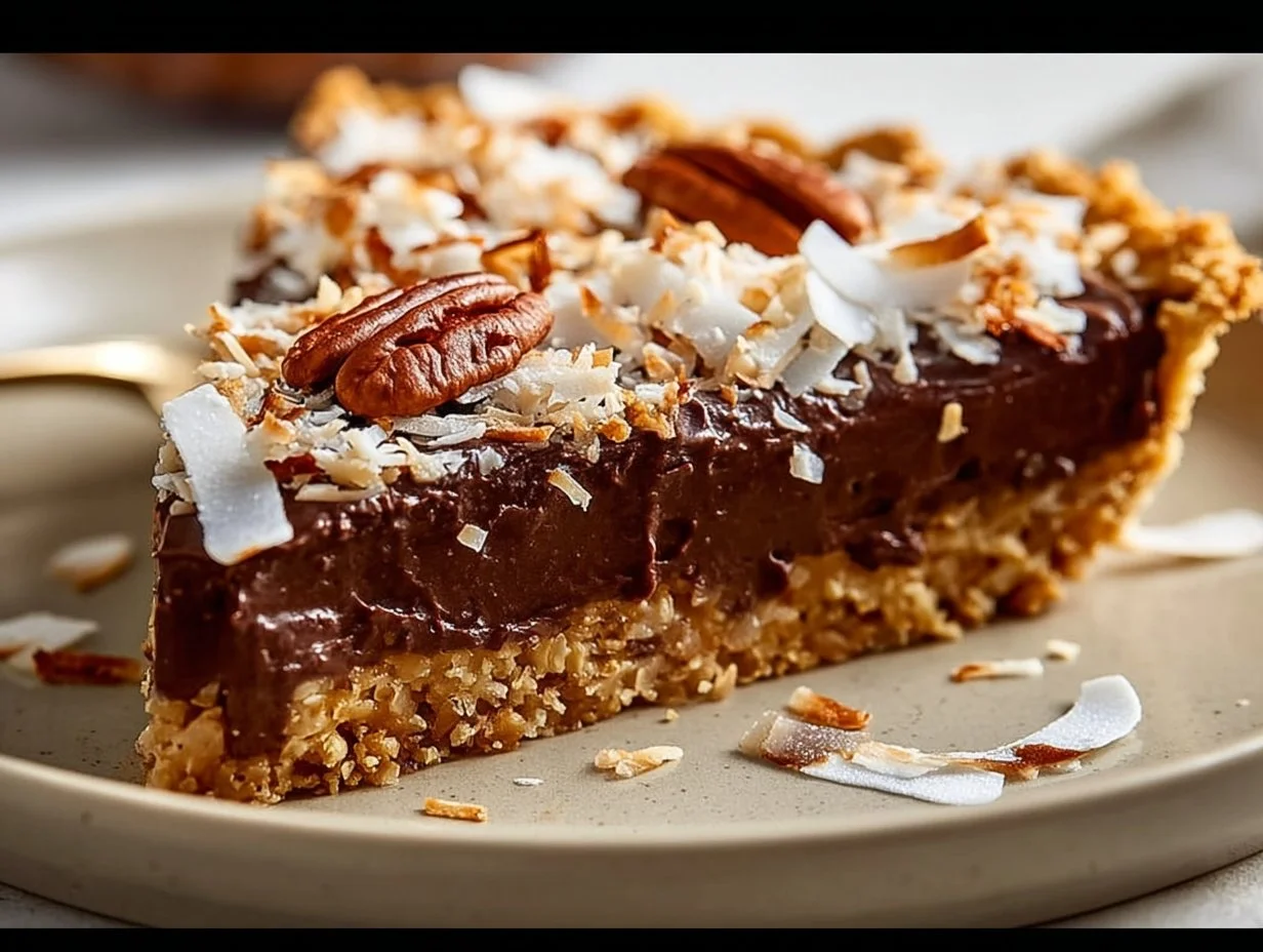 No-Bake German Chocolate Pie topped with coconut and pecans in a chocolate crust