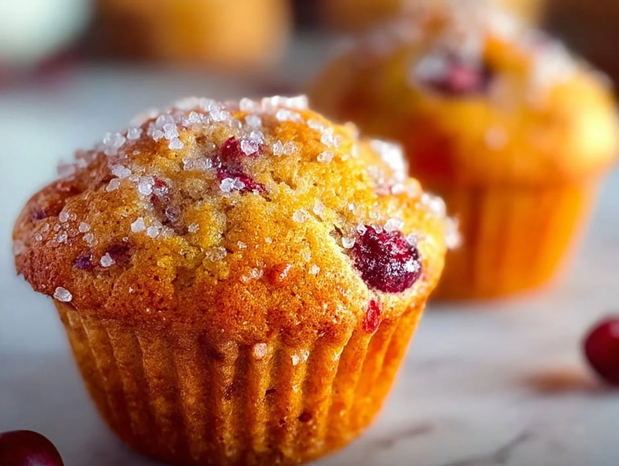 Freshly baked orange cranberry muffins with a golden crust