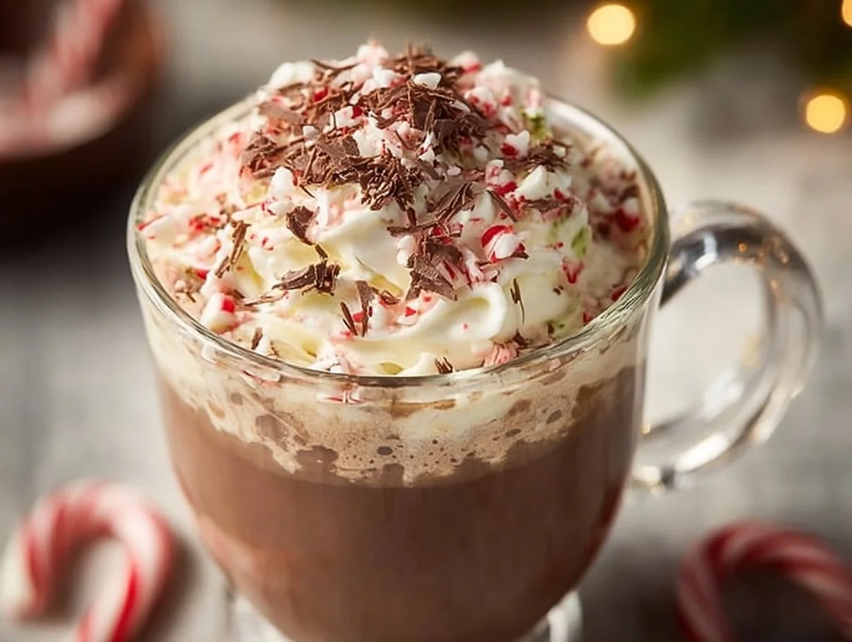 A steaming cup of peppermint mocha topped with whipped cream and chocolate shavings.