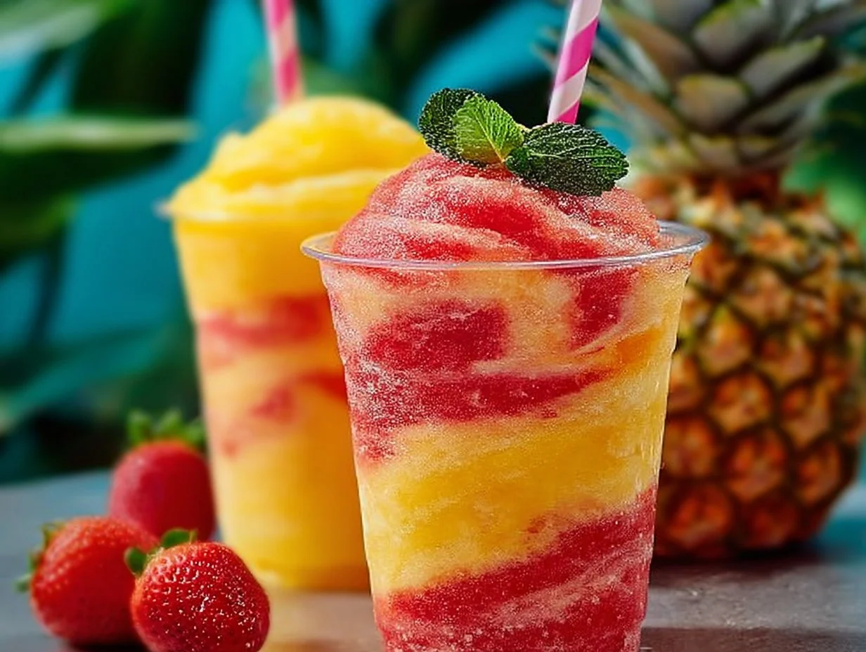 Pineapple strawberry slushies in colorful cups for a refreshing summer drink