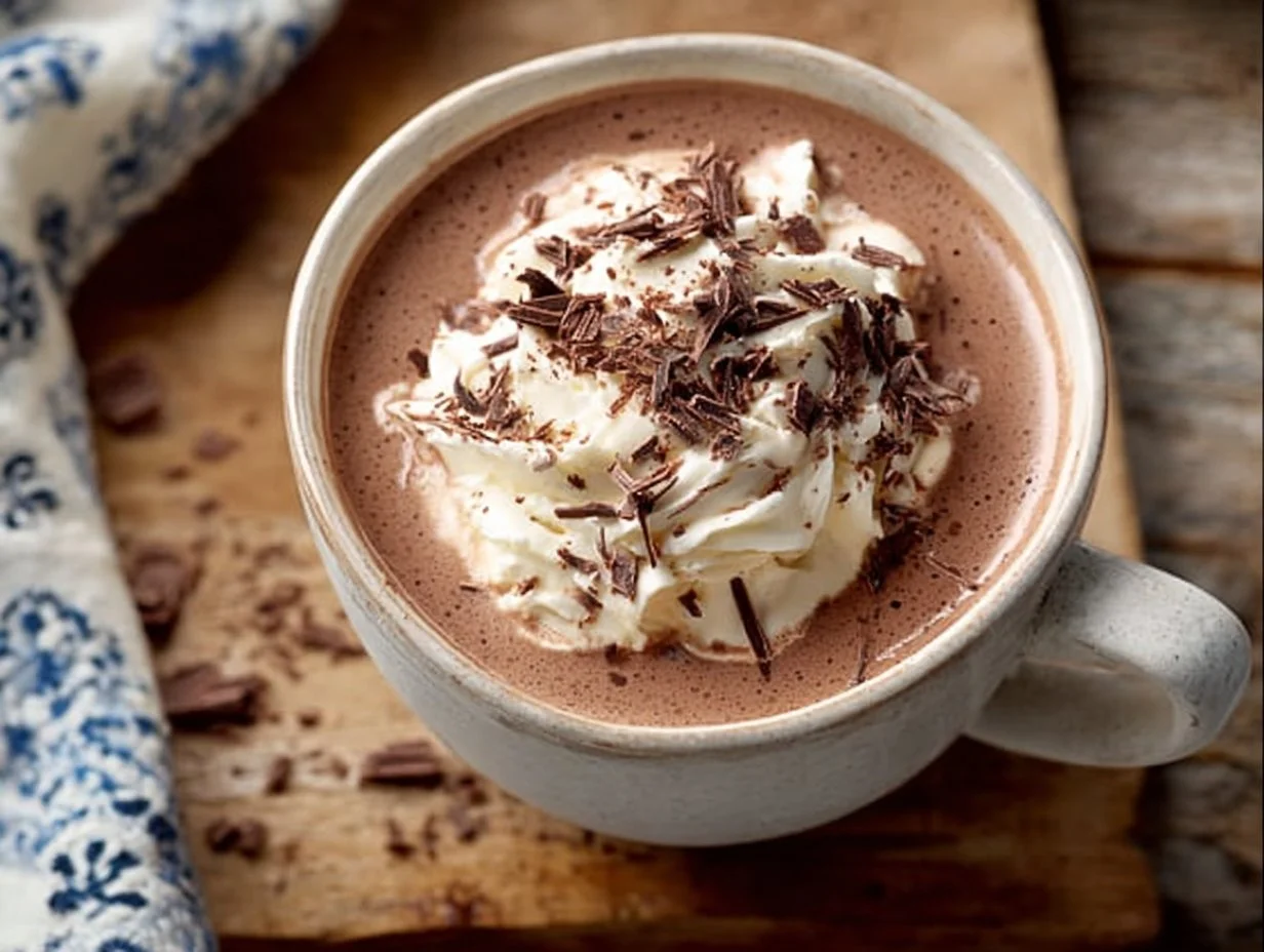 A delicious cup of Protein Hot Chocolate topped with whipped cream and chocolate shavings.