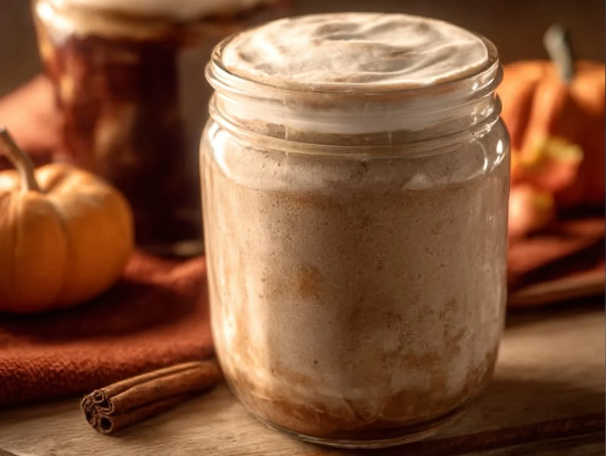 Delicious Pumpkin Cold Foam topping on a coffee drink for autumn flavor