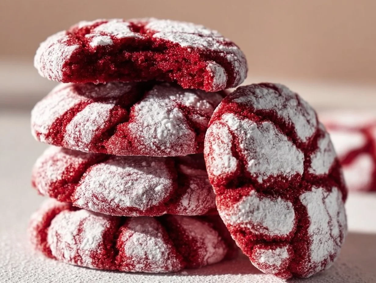 Delicious red velvet crinkle cookies on a baking tray, ready to enjoy.