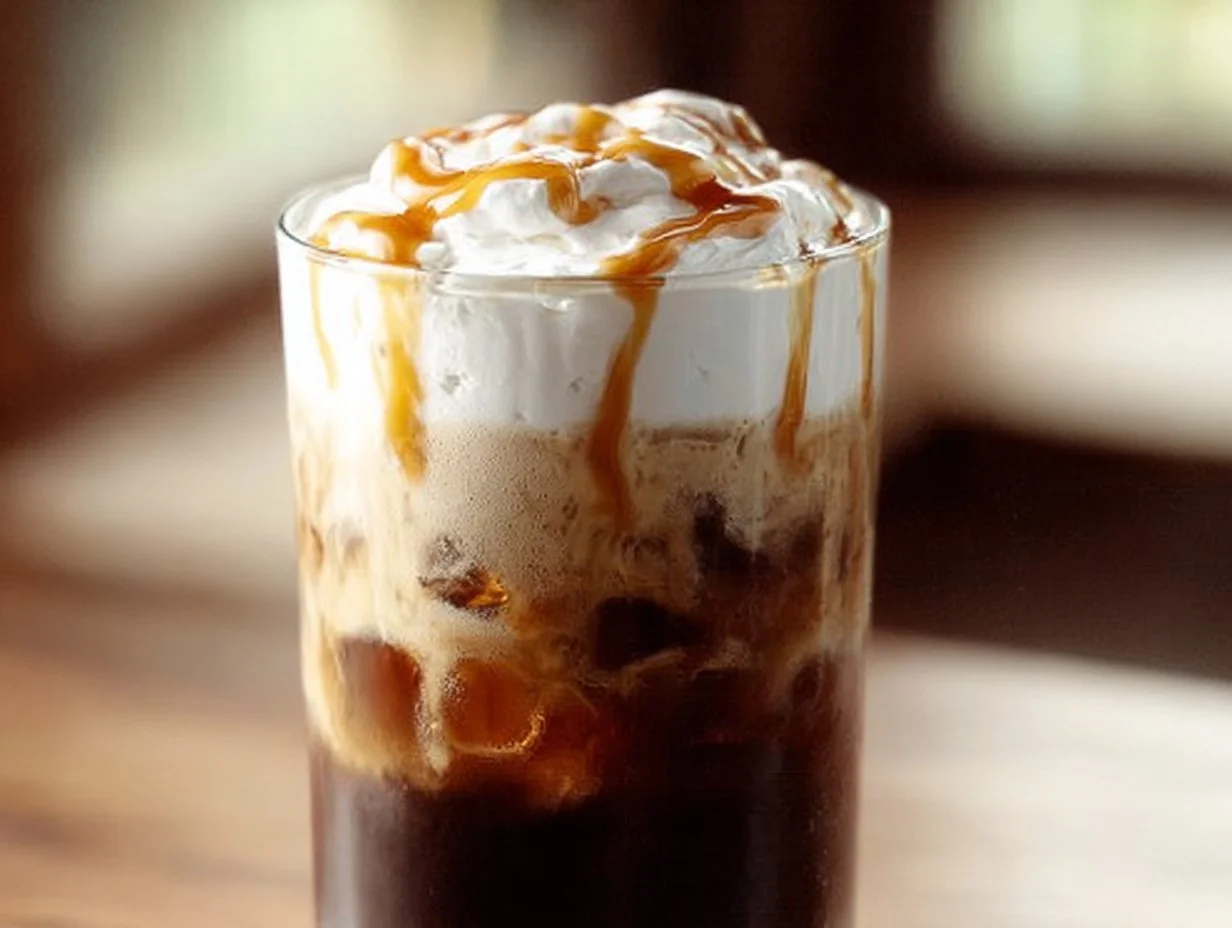 A delicious Salted Caramel Cold Brew topped with whipped cream and caramel drizzle.