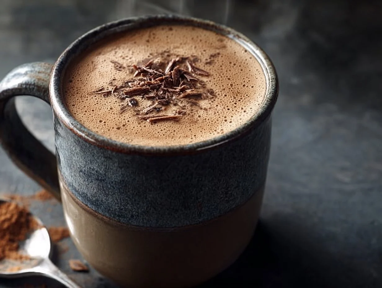 A mug of spiced hot cocoa topped with whipped cream and cinnamon