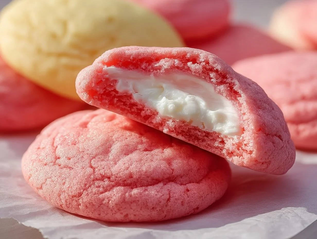Delicious strawberry cheesecake cookies with a creamy filling and fresh strawberries