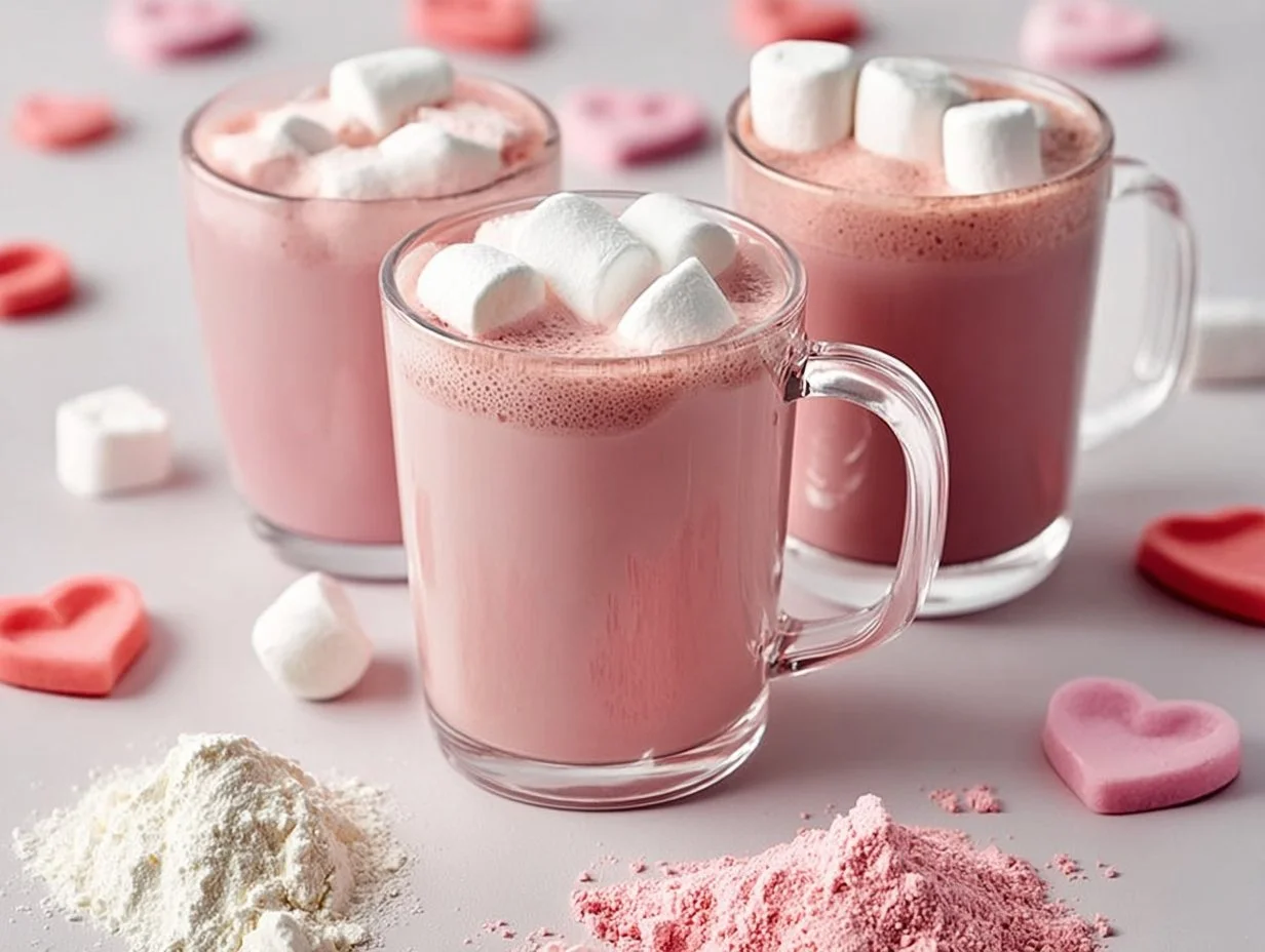 Delicious strawberry hot chocolate topped with whipped cream and strawberries
