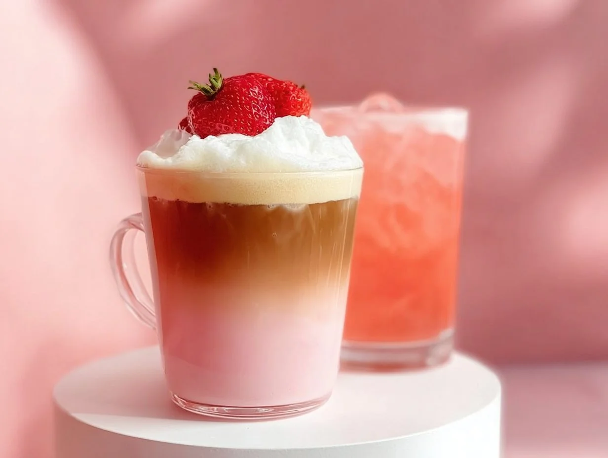 Delicious strawberry latte served in a clear glass with fresh strawberries on top.