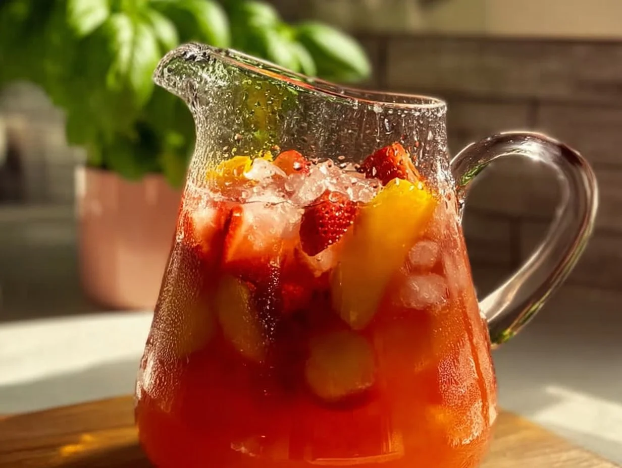 Refreshing strawberry mango lemonade served in a glass with fresh fruits