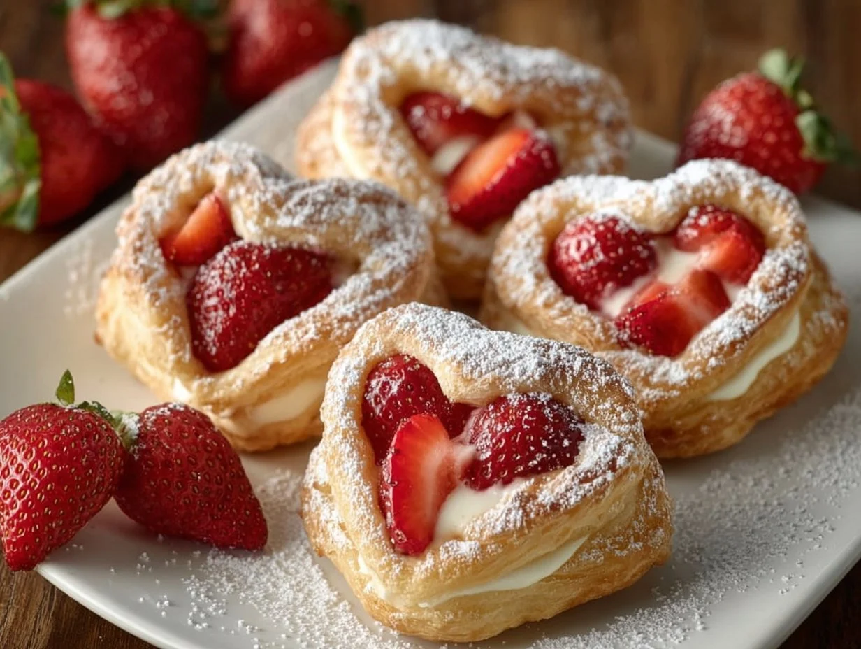 Freshly baked strawberry danishes made with puff pastry and sweet filling