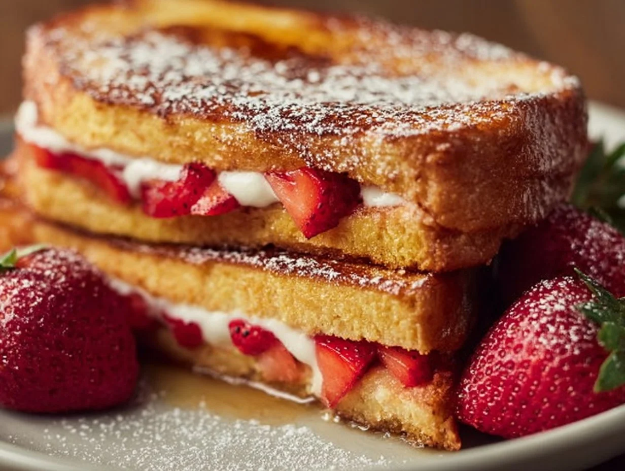 Delicious Strawberry Stuffed French Toast topped with strawberries and whipped cream
