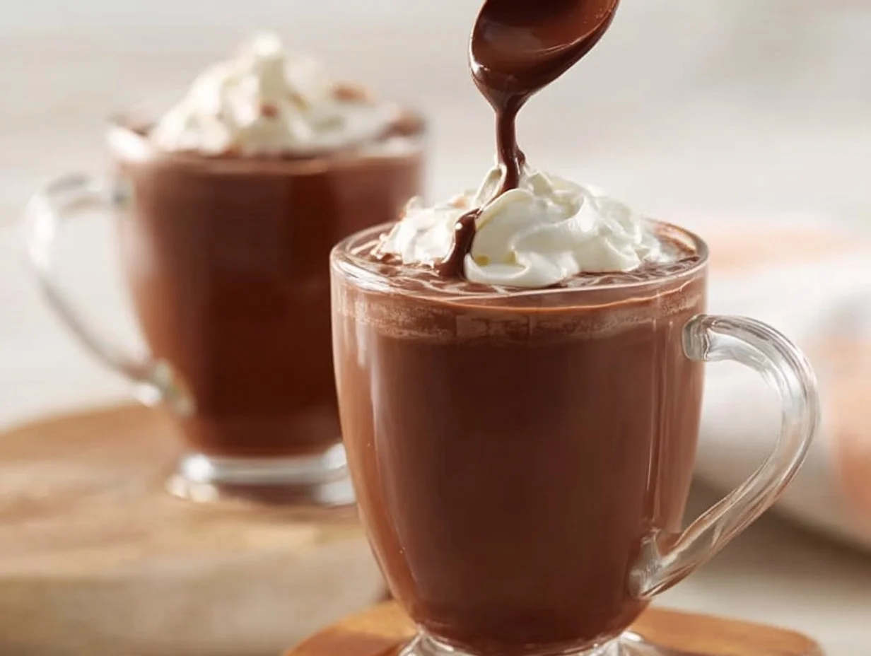Delicious bowl of Italian hot chocolate topped with whipped cream and chocolate shavings