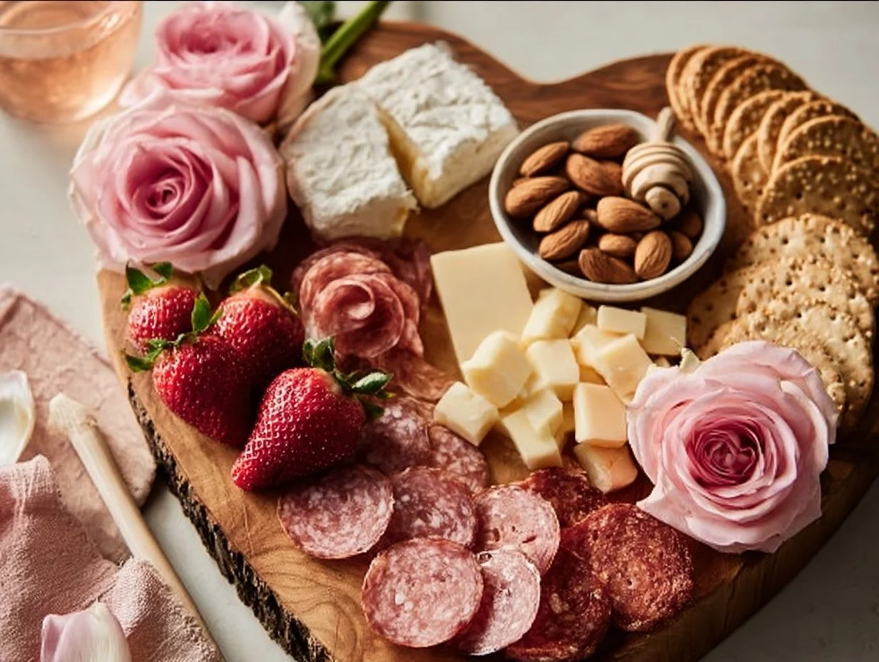 Valentine's charcuterie board with assorted cheeses, meats, and heart-shaped treats.