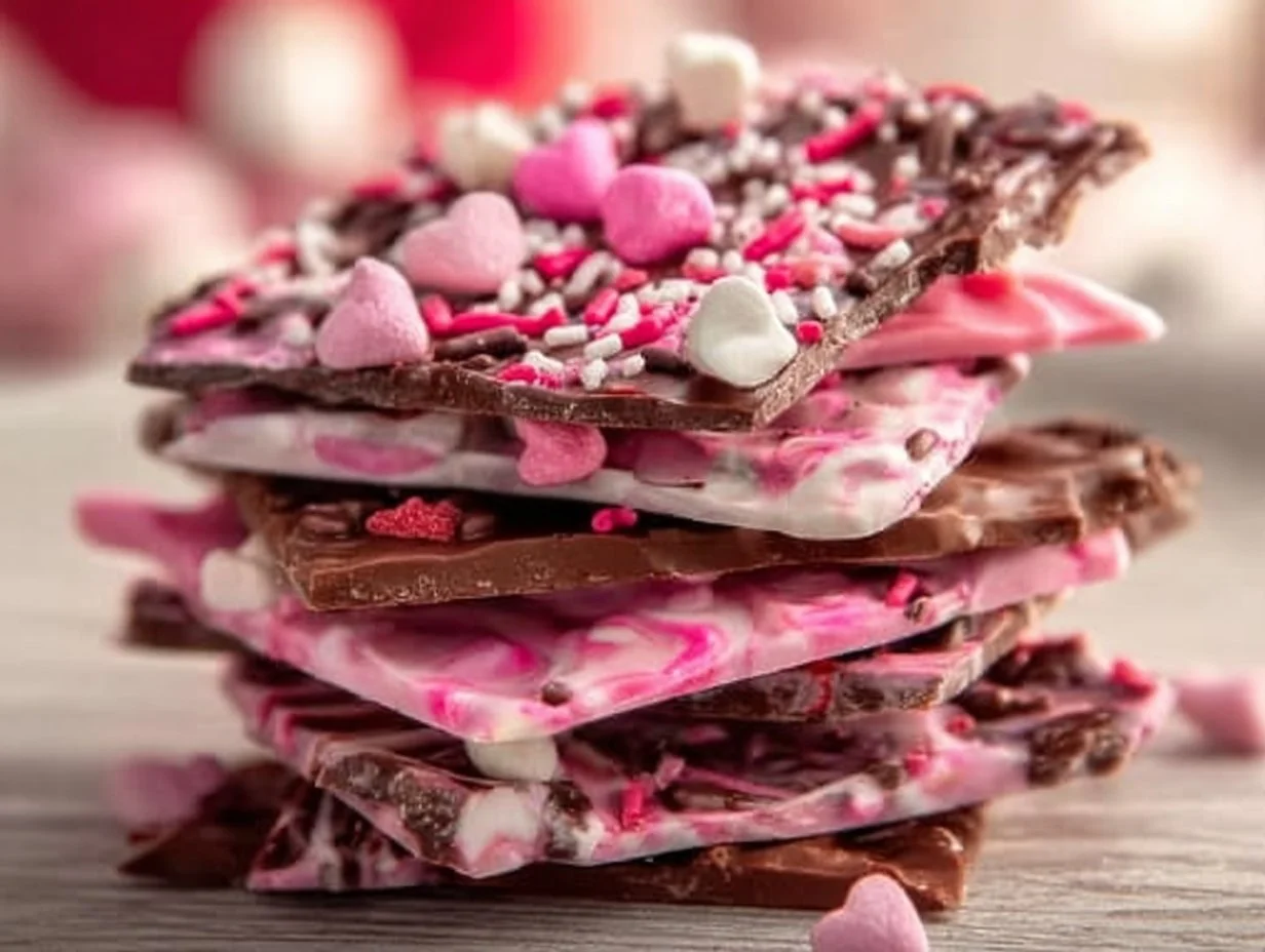Delicious Valentine's Day chocolate bark decorated with heart-shaped sprinkles.