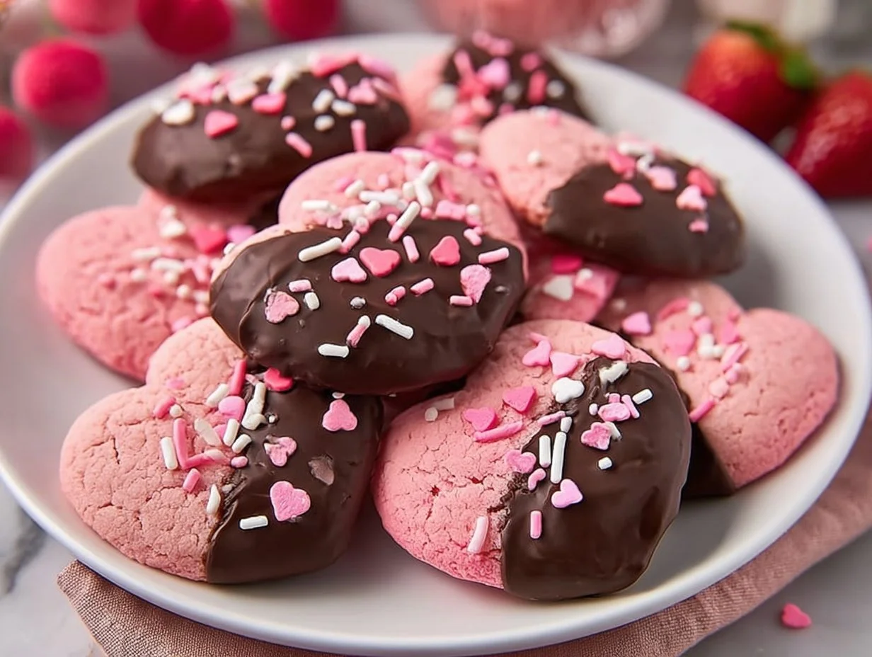Valentine's Day chocolate covered strawberry cookies on a festive plate