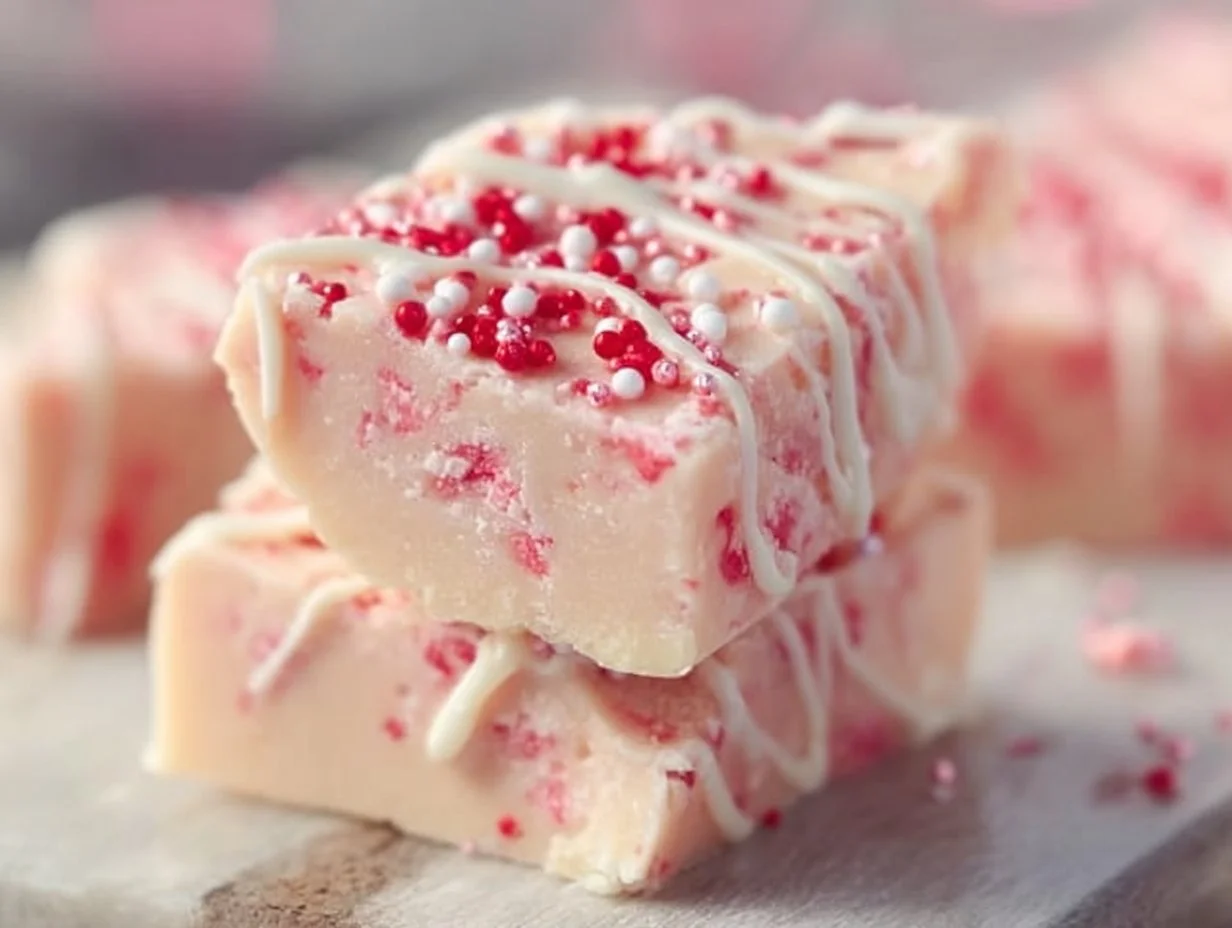 Valentine's Day sugar cookie fudge decorated with heart sprinkles.