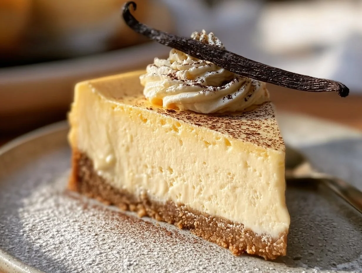 Slice of Vanilla Bean Brown Butter Cheesecake topped with whipped cream