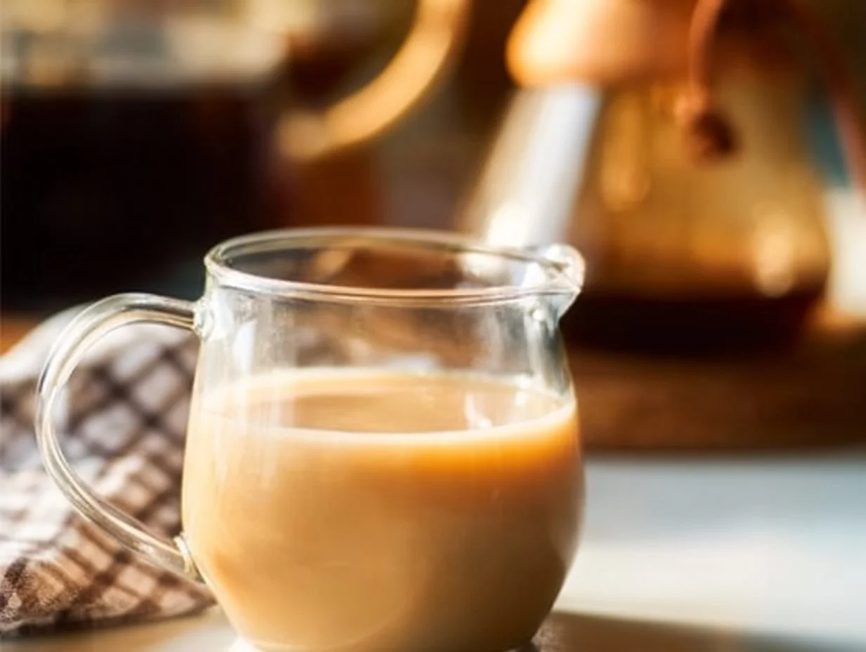Bottle of Vanilla Coffee Creamer next to a steaming cup of coffee